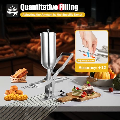 Manual Donut Filler Machine, 5L Commercial Churros & Pastry Filler with 4 Nozzles, Stainless Steel Donut Filling Injector for Cream, Jam, Paste in Bakeries, Restaurants, Cafe, Dessert Shops