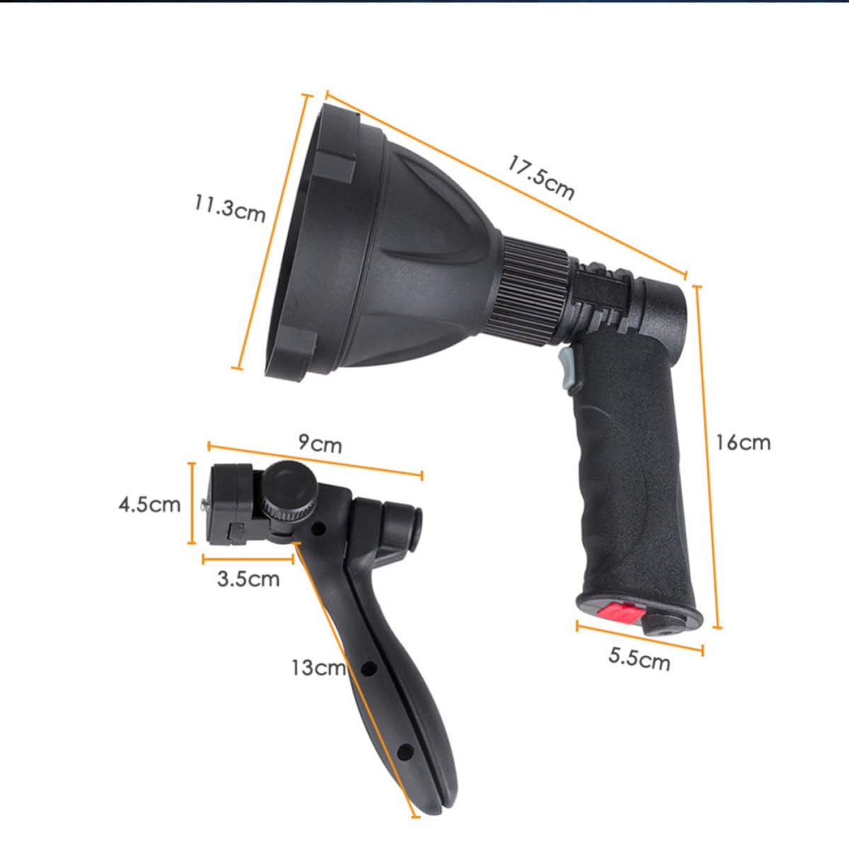 Torcia LED Portatile Ricaricabile 4000 Mah con Supporto Triangolare | Tre Modalità di Illuminazione, Fascio Regolabile, Corpo Nero in Pvc, Uso per Caccia e Campeggio