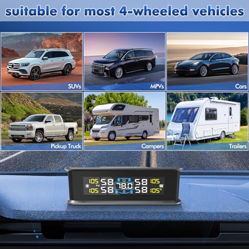 Avutrel Reifendruckkontrollsystem TPMS 0-5 Bar, Solar USB Charging Reifendruckmonitor, 5 Alarmmodi und 4 Externe Reifendrucksensor, Universell Passend für Autos SUVs Wohnmobile Anhänger