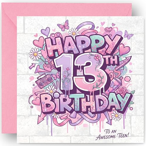 13th Birthday Card Gift for Boys and Girls Graffiti Style Design - Happy 13 Years Old Official Teenager Greeting Card with Vibrant Pink Envelope - Size 14cm