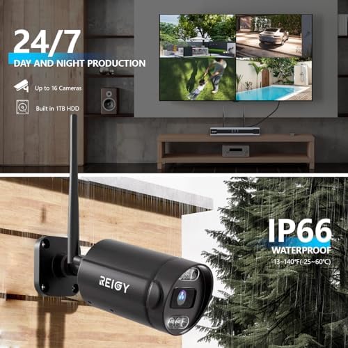 Bild 2 - REIGY 8MP WLAN Überwachungskamera Aussen Set Vorinstallierte 1TB Festplatte, Funk 16CH NVR Überwachungssystem mit 2xPT+2xBullet Kamera, Outdoor Camera Kit, mit Zwei-Wege-Audio Bewegungserkennung
