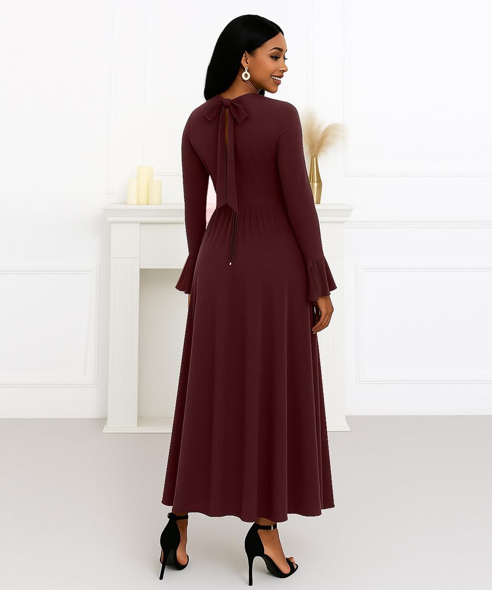 knowfashionstyle Long Sleeve Dress for Women 2025 Formal Wedding Guest Dress Elegant Maxi Dresses Flowy Fall Cocktail Dresses Red L - Image 5