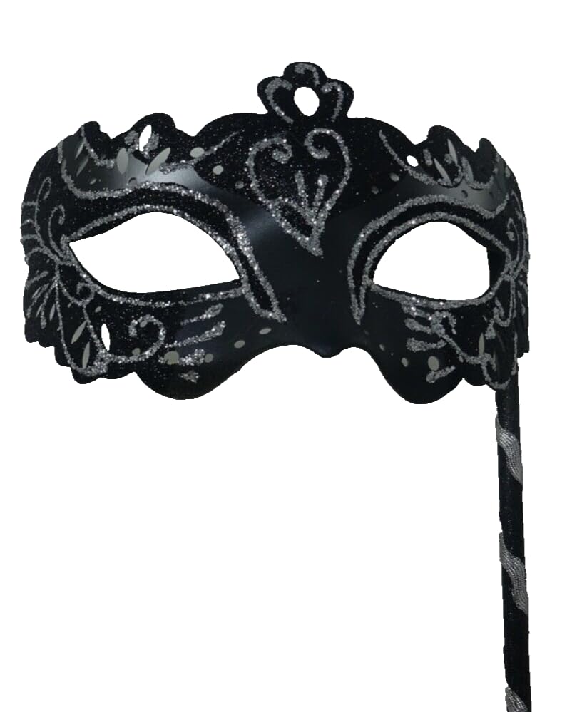 LADIES SPARKLING BLACK AND SILVER RIALTO VENETIAN MASQUERADE CARNIVAL PARTY EYE MASK HAND HELD ON A WOODEN STICK