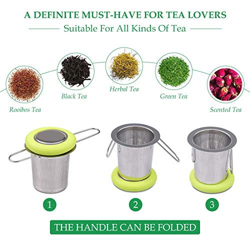 Fenshine Tea Infuser Stainless Steel Tea Strainer Folding Handle Tea Filter Extra Fine Mesh Strainer Brewing Basket with Lid for Loose Leaf Tea (Green) - Thumbnail 5