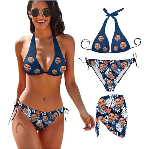 Custom Swimsuit with Face Personalized Bikini Sets for Women Matching Swim Top Bottom & Beach Cover Up for Swimwear