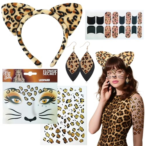 5 Piezas Disfraz de Leopardo,Tatuajes Faciales de Leopardo,Tatuajes de leopardo,leopardos Pegatinas Esmalte,Leo Print Ohrringe,Bandas para el Pelo, para Halloween Carnaval Cosplay Fiesta Temática