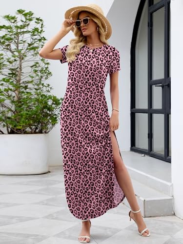Image of Heymoments Womens Summer Maxi Dress Short Sleeve Casual Loose Long T Shirt Split Vacation Beach Sundress with Pockets