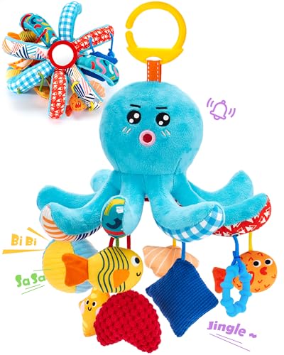 Image of hahaland Baby Toys 0-6 Months - Car Seat Toys Octopus Toy with Pulling Cords, Squeaky, Crinkle, Rattle, Mirror, Montessori Newborn Sensory 4 Month Babies Gift Stroller Carseat Hanging Toy for Baby Gym