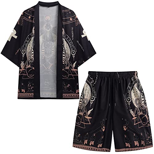 PRIJOUHE Mens Japanese Kimono Coat Suits Loose Open Front Seven Sleeve Kimono Cardigan Jacket with Shorts