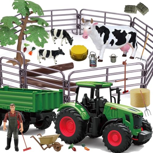 Hyrenee Juego de tractor de granja juguete conjunto tractor con remolques basculantes camiones vehículos granjero vaca para niños 3 4 5 6 años hacia arriba