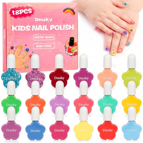 Dmsky Kids Nail Polish Set 18 Colors Peelable Water-Based Quick Dry Nail Polish for Kids Non Toxic Nail Polish Kit for Girls Ages 3+ Diy Nail Art Great Gift for Birthday Makeovers and School Rewards