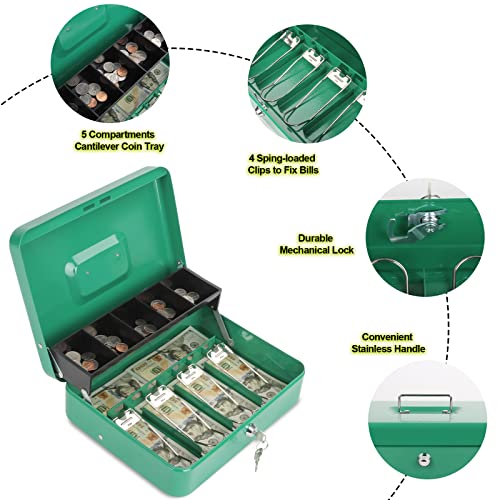 Polspag Cash Box With Lock And 2 Keys, Metal Money Box With Cash Tray, Lock Safe Box, 4 Bill/5 Coin Slots, 11.8L X 9.5W X 3.5H Inches (Key-Green) #TOP1