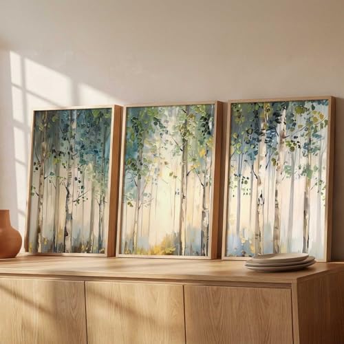 Image of kotart Abstract Nature Art Framed Paintings | Big Aesthetic Forest View Painting | Vastu Frames for Bedroom Living Room Wall Decor Set Of 3 (35x37 Inch)