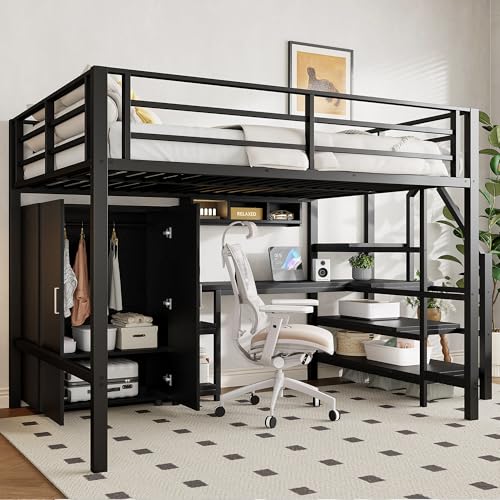 YCYDHDM Cama alta de metal de 140 x 200 cm con escritorio y escalera de almacenamiento, litera con armario y estanterías, diseño de valla de seguridad, cama para niños y adolescentes, color negro