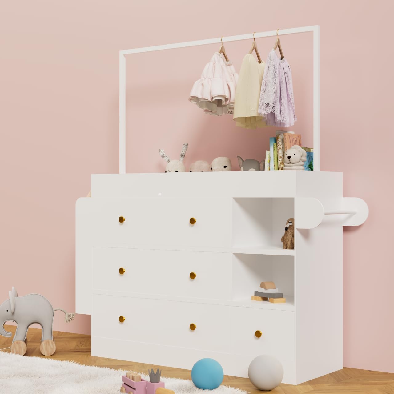 Modern Baby Changing Table with 3 Extra Deep Drawers, Multi Functional Nursery Dressing Table with Storage Shelves Hangers, White Wooden Baby Station with Integrated Drying Rack (1 Drawers + 1