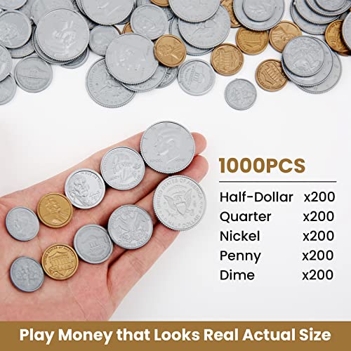Ytyoto 1000 Pcs Fake Coins For Kids Learning, Plastic Play Coins For Teaching,200 Pennies, 200 Nickels, 200 Dimes, 200 Quarters, 200 Half-Dollars For Kids Pretend Play Store Or Cash Register #TOP1