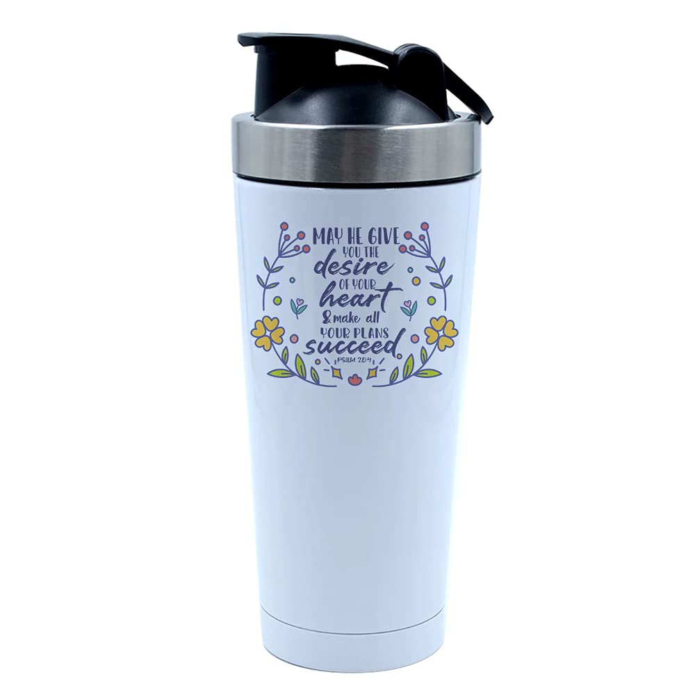 Getagift May He Give You the Desires of Your Heart Bible Verse/Quote Faith in God Present for Men/Women, Thanks Giving, Birthday Present 500ml Aluminum Shaker Bottle. (White)