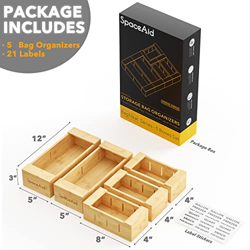 Spaceaid Bag Storage Organizer For Kitchen Drawer, Bamboo Organizer, Compatible With Gallon, Quart, Sandwich And Snack Variety Size Bag (5 Pack Set) #TOP2