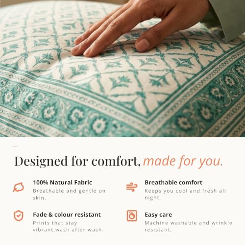 Image of Naksh Queen Size Bed Sheet Green Heritage Floral Print 2 Pillow Covers | Green Heritage Floral Print | Rajasthan-Inspired Design for Queen Size Bedrooms