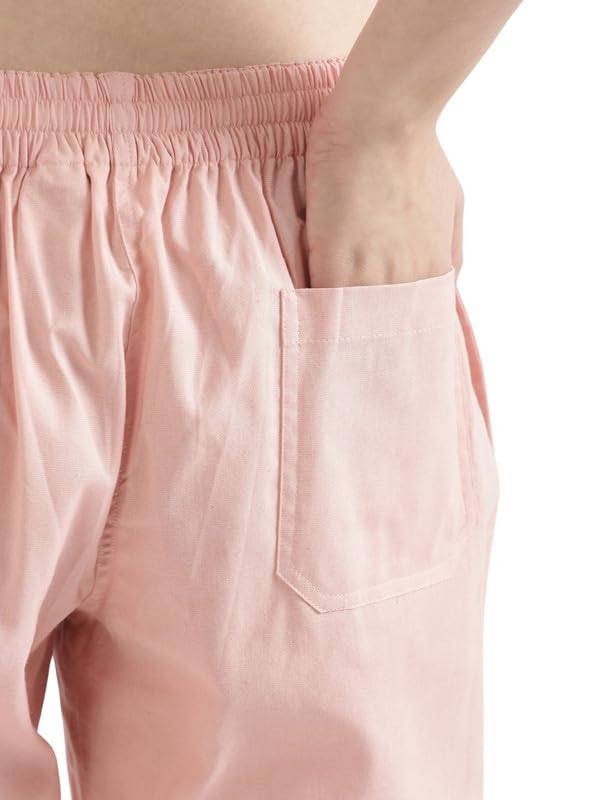 Image of SAADAA Women's Airy Linen Straight Pants | Regular Fit Trousers | Half Elasticated with Drawstrings & Buttons | 4 Pockets | Everyday & Office Wear