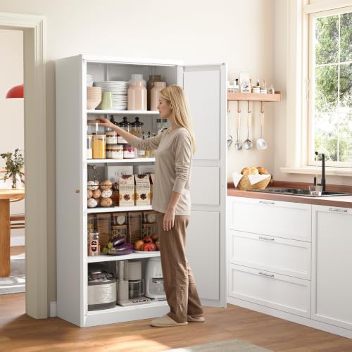 Image of Yizosh Metal Storage Cabinet - 71 inch White Kitchen Pantry with 2 Doors and 5 Adjustable Shelves, 5-Tier Tall Steel Locker for Living Room, Dining Room
