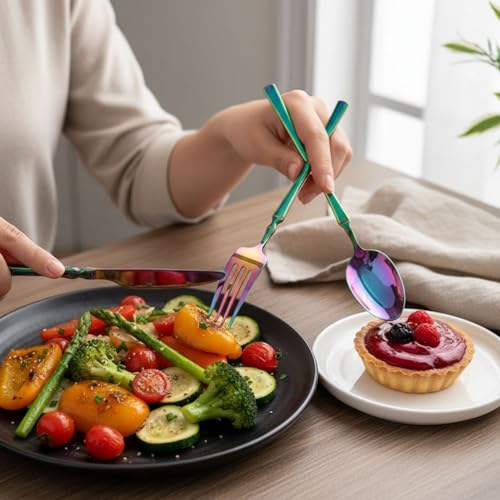 Image of 10 Pcs Rainbow Cutlery Set for Dining Table the Perfect Lightweight Silim Handle Tableware Including Dinner Spoon, Dinner Fork, Dinner Knife, Dessert Spoon & Dessert Fork