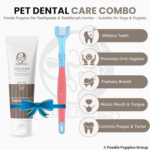 Image of Foodie Puppies Pet Dental /Oral Care Combo of Toothbrush and Toothpaste - (Triplehead Toothbrush + Chicken Toothpaste, 100g) | Removing Bad Breath, Tartar Dental Care Cleaning Combo
