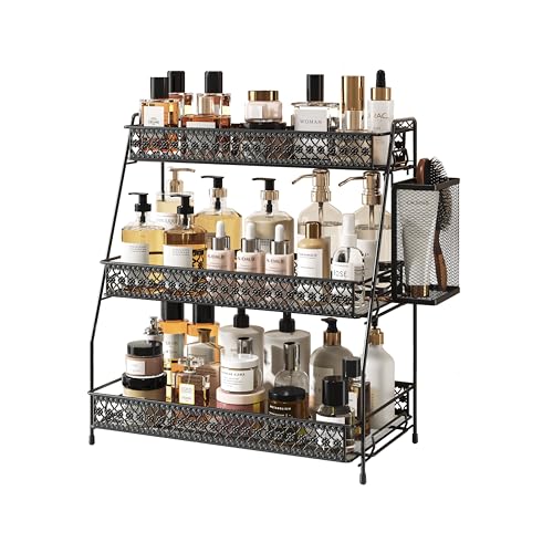 SILUB Vintage 3 Tier Spice Rack Organizer for Kitchen Counter Bathroom Counter Organizer with Bonus Basket 3 Tier Bathroom Counter Organizer for Spices Makeup Perfumes Retro Countertop Organizer