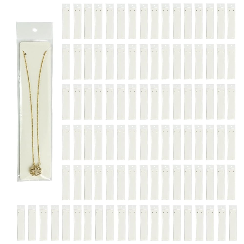 DONGKER Rectangular Jewelry Cards White, 100Pcs Necklace Display Card with Bags for Bracelet Necklace Packaging Supplies