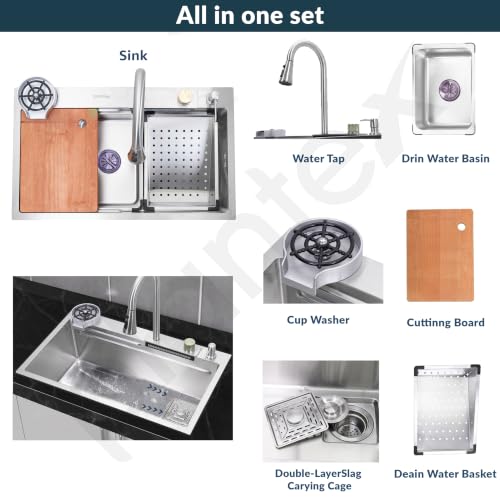 Image of Plantex Kitchen Sink for Home /304 Grade Stainless Steel Waterfall Kitchen Sink with Anti-Scratch Design /Sink with Pull-Down Faucet - (30x18x10 Inch, Matt)