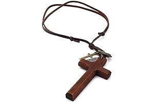 Monks Treasure: Vintage Leather-Clad Wooden Cross Necklace for Men