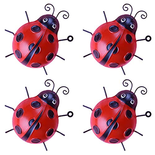 VOSAREA 4 Stücke Marienkäfer Figur Deko 3D Metall Wanddeko Eisen Gartenfigur Dekofigur Tierfiguren Wandskulptur Statue Wandverzierung für Außen Zaun Terrassen Dekoration