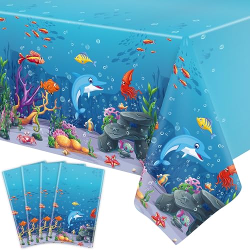 4 Pack Ocean Animals Tablecloth Ocean Animal Table Cloth Ocean Waves Underwater Table Covers Under The Sea Table Cloth Ocean Sea Life Table Clothes for Beach Pool Birthday Party Decoration