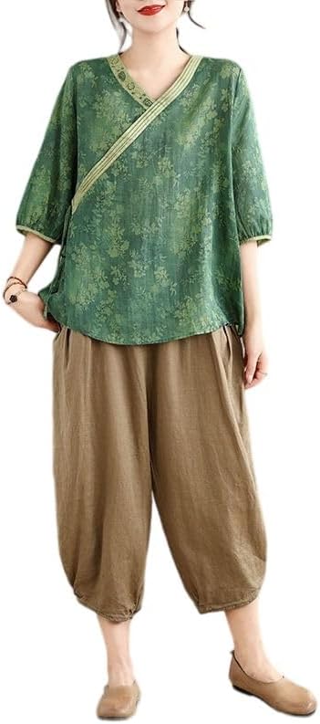 Women Linen Blouse Pants Set Casual Loose Fit Everyday Wear
