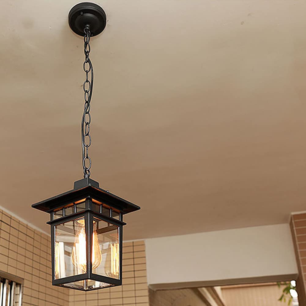 Lámpara de techo colgante impermeable IP55, resistente al agua, lámpara colgante rústica de metal para balcón, para porche, exterior, Entryway, E27, color negro