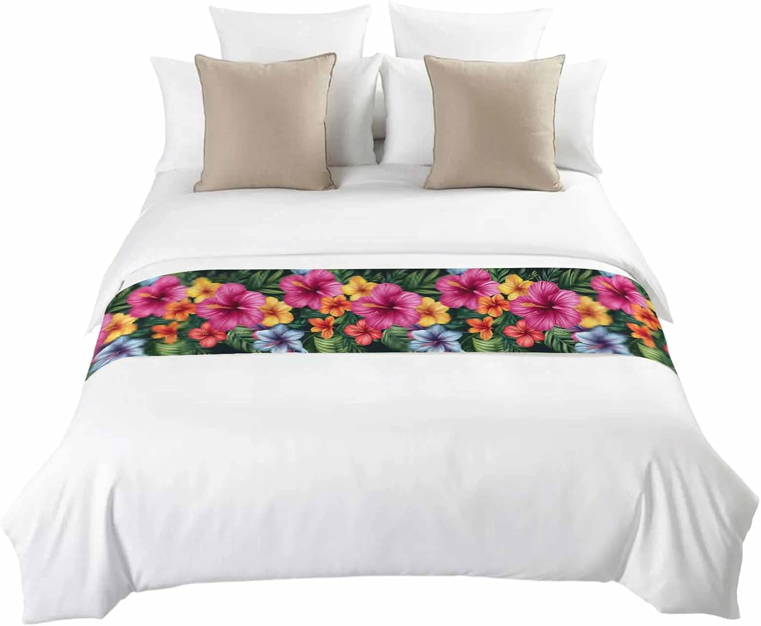 Watercolor Hibiscus Flowers Tropical Hawaii Floral Bed Runners for Bedroom Hotel,Decorative Bedding Scarf Green Plant Leaf Bed End Blanket Bedding Runner Scarves for King Size Beds,102x20in