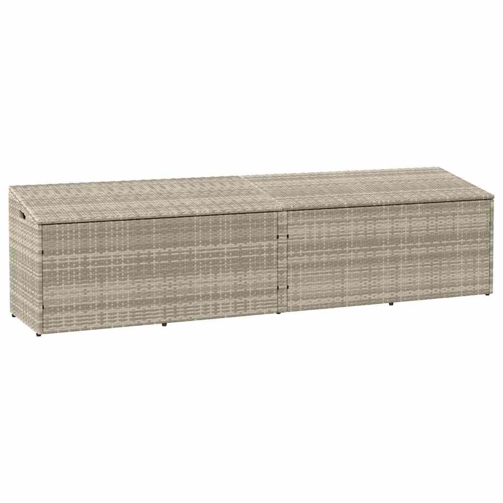 Caja de almacenamiento de jardín gris claro 220x50x58 cm de resina trenzada, cofre de jardín poliratán con marco de acero, tapa de gas y bolsa impermeable para cojines y juguetes