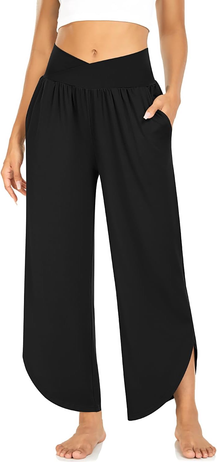 Women's Wide Leg Yoga Pants Cross High Waisted Sweatpants Casual Lounge Joggers Loose fit Pajama Bottoms with Pockets