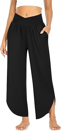 TARSE Womens Wide Leg Yoga Pants Cross High Waist Flowy Split with Pockets | Comfy Lightweight Stretch, Flare Hem Cropped, Loose Dance Pants, Travel & Lounge, Everyday Casual Wear