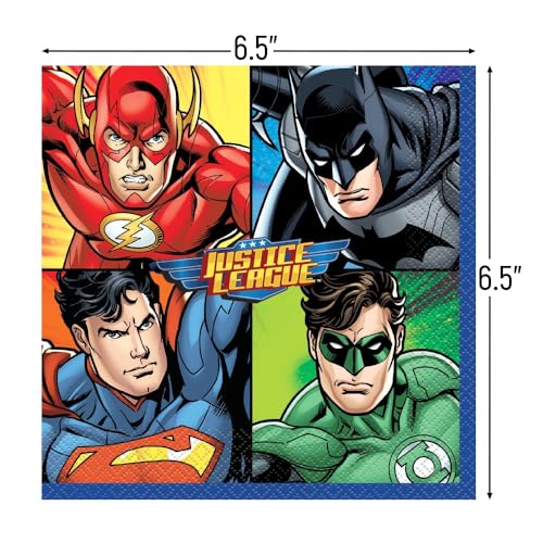 Justice League Multicolor Paper Luncheon Napkins (16cm) Pack of 16 - Durable & Vibrant Party Napkins for Superhero Fans