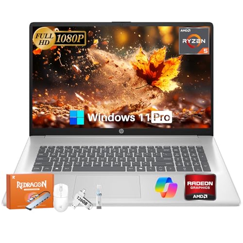 HP 17 Inch Laptop, 17.3' FHD 300 Nits Anti-Glare IPS Display, AMD Ryzen 5 7430U, AMD Radeon Graphics, 32GB RAM, 1TB SSD, Copilot Key, Bluetooth 5.4, Wi-Fi 6, Long Battery Life, Windows 11 Pro