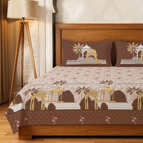 Image of Urban Space Regal 300 TC 100% Cotton Bedsheet for Double Bed, Panel Design Bedsheet, Printed Queen Size Bed Sheet with 2 Pillow Covers (90 x 108 Inches, Aangan Brown)