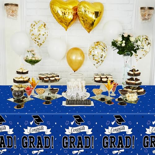 Image of QZYL 2 PCS Graduation Decorations 2026, 108 inch X 54 inch Blue Graduation Tablecloth, Disposable Plastic Class of 2026 Tablecover, Rectangle Congrats Grad Table Cover for Grad Decor Party Supplies for Kids