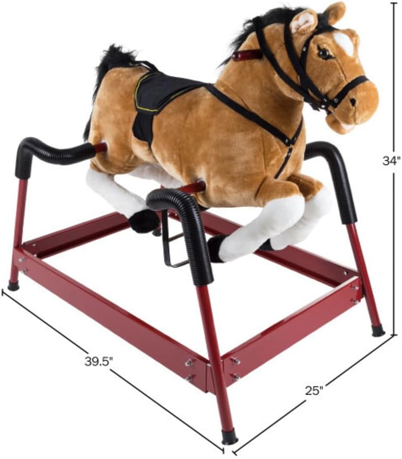 Spring Rocking Horse Plush Ride on Toy with Adjustable Foot Stirrups and Sounds for Toddlers to 5 Years Old by Happy Trails - Brown