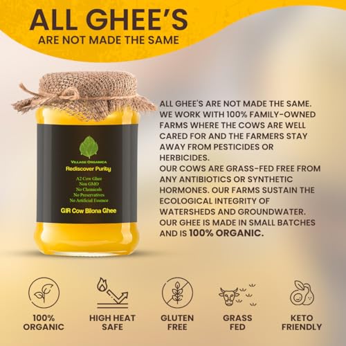 Image of Village-Organica A2 Gir Cow Ghee, 1Ltr(500mlx2) | Traditional Bilona Method | Grass-Fed Desi Gir Cow Milk | Pure, Nutritious & Premium Glass Bottle Packaging | A2 Ghee Bilona Method