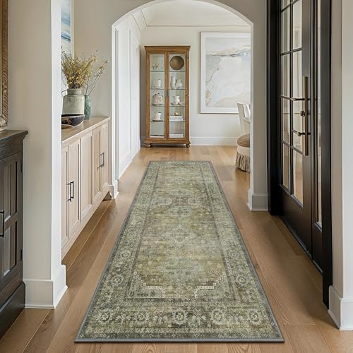 GENIMO Runner Rug 2x12 Non Slip Machine Washable Vintage Hallway Runner Rugs, Low Pile Lightweight Mat for Living Room, Entryway, Bedroom, Kitchen and Corridor, Distressed Sage