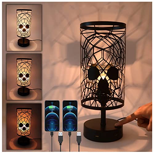 Lámpara de Mesa de Noche con Control Táctil, Lámpara Mesita Regulable con 2 Puertos de Carga USB y 3 Niveles de Brillo, Lámpara de Calavera GóTica, E27 Luz Escritorio para Dormitorio Sala de Estar Cover