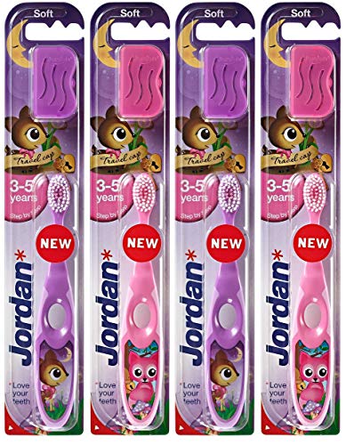 Jordan Step 2 Kids toothbrush, 3-5 Years, Soft Bristles, BPA Free (4 Pack), packed for evaluecan (pink)