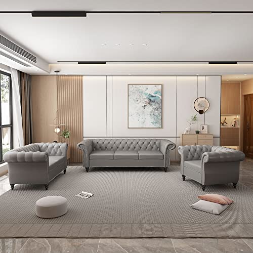 Image of ORRD 3 Piece Living Room Set, Chesterfield Leather Sofa Loveseat Couch Chair with Scroll Arms and Nailhead for Living Room, Office (Grey)