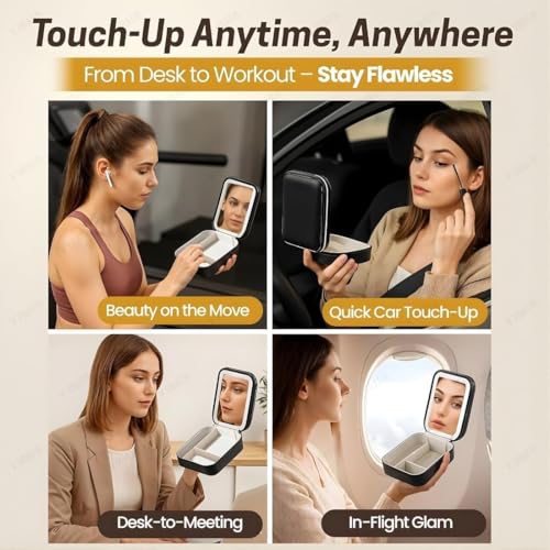 Image of Small Travel LED Makeup Mirror Case with 3 Adjustable Color Light Settings, Dust-Proof Jewelry Box, Mini Cosmetic Train Case Ideal for Short Trips, Cosmetic Bag with Mirror (Black)